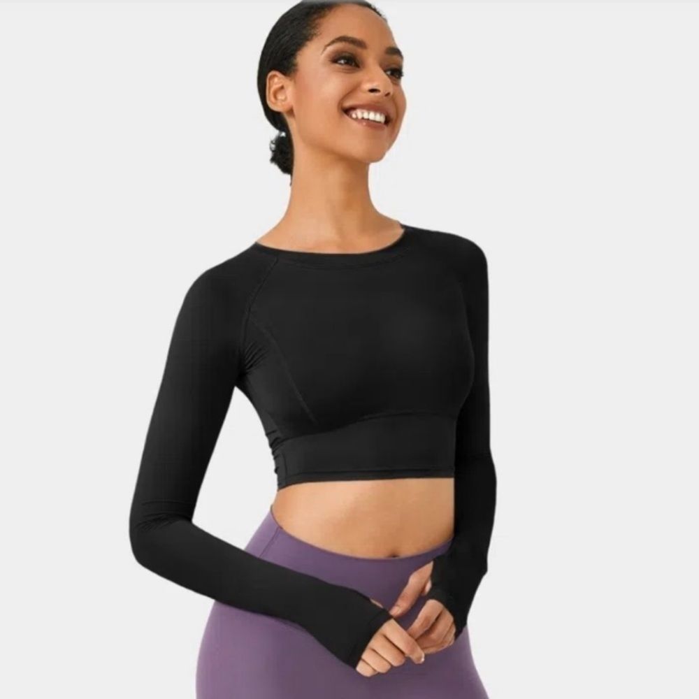 Halara Black XL Long Sleeve Crop Top Womens New Workout Gym Thumb Holes